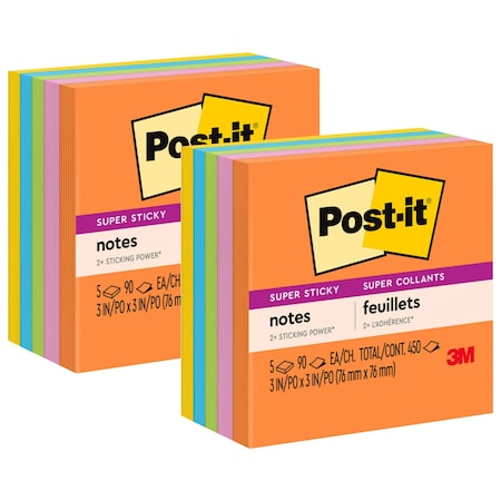 Post-It Super Sticky Notes, 3 in x 3 in, Energy Boost Collection, 5 Pads/Pack, 2PK 654-5SSUC
